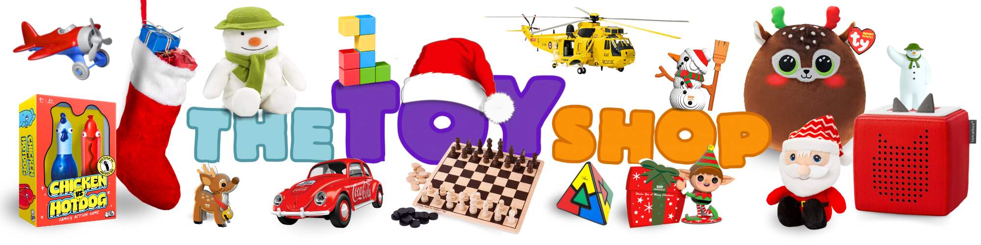 'The Toy Shop' logo surrounded by lots of Christmas toys including a cuddly santa, Eugy elf and reindeer, games and puzzles.
