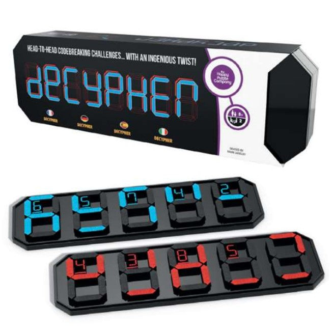 Black cuboid box with 'Decypher' written in blue and 2 playing boards sitting in front.