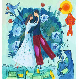 Explore the Djeco "Inspired by Marc Chagall - Painting Activity": a colorful scene of a couple dancing among blue and green foliage with white flowers. A guitar-playing bird, another perched on a branch, and a leaping fish towards the sun enhance this whimsical skyline touched by musical notes.