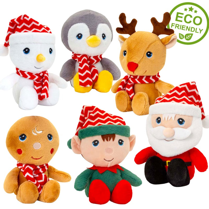 Collection of stuffed,  cuddly Christmas toys: a santa, an elf, snowman, reindeer, penguin and gingerbread man.