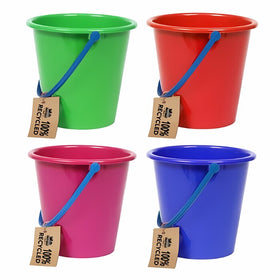The Crazy Coast Eco 100% Recycled Bucket set for ages 3+ includes four colorful buckets (green, red, pink, blue) in a 2x2 grid. Each bucket has a blue handle and features a brown tag with "100% recycled materials," vividly contrasting against the white background.