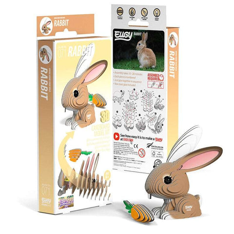 Front and back of packaging box for Eugy model rabbit with the completed model in front right.