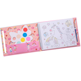 The "Rainbow Fairy My Painting Pad" by Floss & Rock features an open coloring book displaying a unicorn design on the right page and an eco-friendly butterfly-shaped paint palette on the left. The cover is beautifully designed with a pink background, embellished with rainbows and fairies, accompanied by a pencil resting beside it.