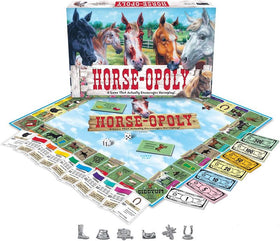 Image of a Horse-Opoly board game set by Cheatwell, ideal for equine property trading. The box displays artwork featuring different horses, and the board is laid out with vibrant spaces, cards, money, and game pieces including a cowboy boot and a horse. Dice are also included.