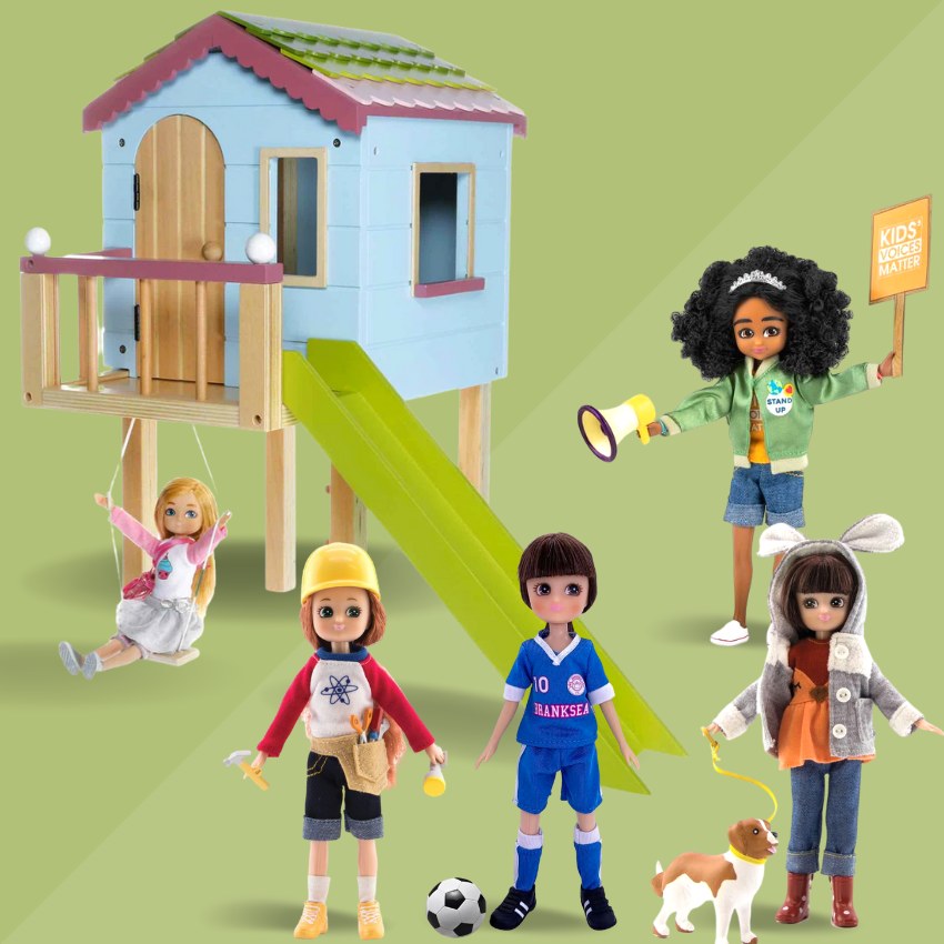 A collection of Lottie girl dolls including a footballer doll, a treehouse, a Lottie with a dog on lead.