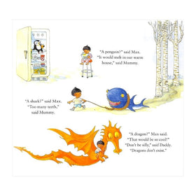 A child plays outside with an orange dragon toy and a blue fish balloon. Inside, a penguin toy sits in the fridge. The scene unfolds with a shark of imagination, blending fantasy and family dialogue reminiscent of "The Bookworm" by Bloomsbury, as if from a Debi Gliori children's tale.