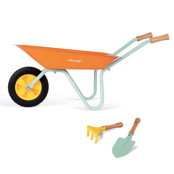 Orange children's wheelbarrow with fork and trowel.