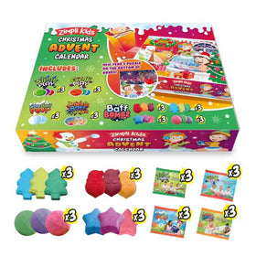 The Zimpli Kids Advent Calendar from Zimpli Kids provides a festive assortment of vibrant and entertaining toy items, including snowball play, crackle bubbles, and bath bombs. Uncover Elf-crafted gifts and a surprise prize nestled within uniquely shaped toys and mini activity kits set against a joyful background.