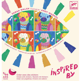 Sarah Walsh's vibrant pop art-style illustration for Djeco's "Inspired by Andy Warhol - Collage Activity" showcases dogs in nine colorful panels. Each dog features a unique color scheme, set against a cream background with playful shapes and lively text.