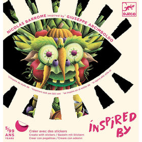 The Djeco "Inspired by Giuseppe Arcimboldo - Collage Activity" showcases a surreal eye-shaped design of fruits and vegetables on a beige background. The text, "Inspired by Arcimboldo" and "Créez avec des stickers," accompanies this vibrant mix of greens, reds, and yellows.