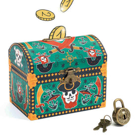 The Pirate Money Box by Djeco is a vibrant treasure chest with a pirate theme, adorned with skulls and anchors. Gold coins can be inserted through the slot on top. Accompanied by an antique-style padlock and two keys, this charming piggy bank is perfect for safeguarding your treasures like a true pirate.