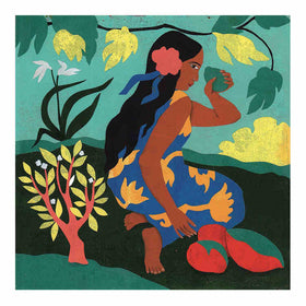 A woman in a blue and yellow floral dress crouches by red fruit, evoking a Paul Gauguin scene. With a leaf near her face and a pink flower in her hair, she is surrounded by plants under a green-yellow sky, much like the imagery from Djeco's Inspired by Paul Gauguin - Water Colour Painting.