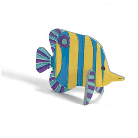 The Djeco Colour, Assemble & Play Sea-Life kit showcases a colorful fish illustration with a yellow body, blue vertical stripes, and a blue/purple striped fin and tail. Made from FSC certified cardboard, it is ideal for coloring and assembling against a simple white background.