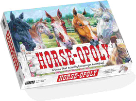The image shows a horse-themed board game called "Horse-Opoly" from the brand Cheatwell. The cover art displays six horses with different colors and expressions, all gathered by a white fence. The game's tagline enthusiastically states, "A horseplay game that actually encourages fun in equine property trading!