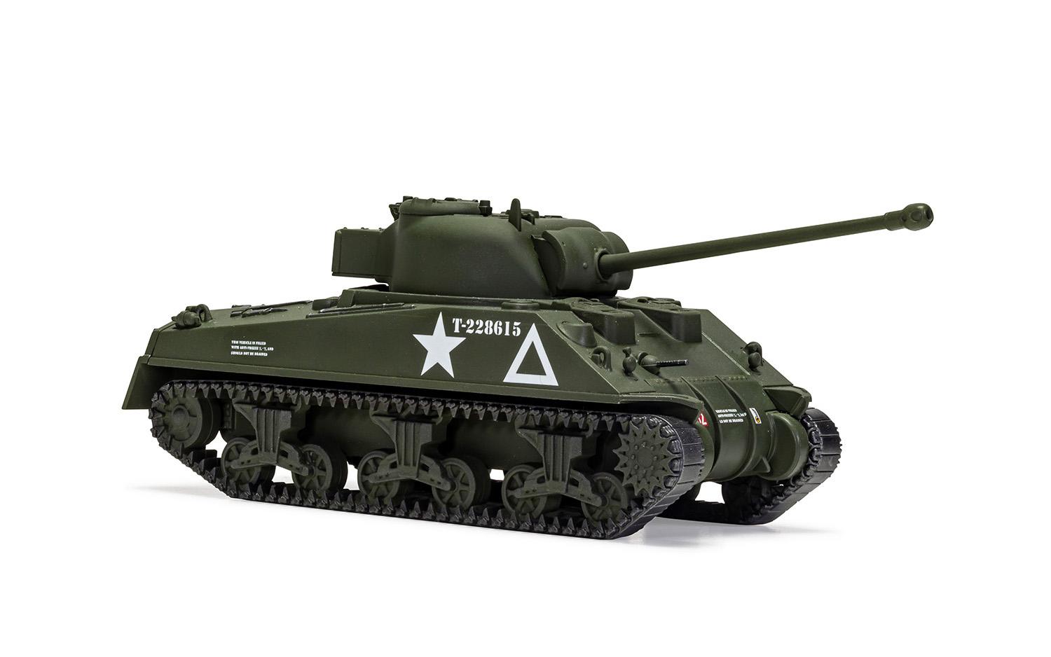 Side view of the dark grey/green Sherman model tank.
