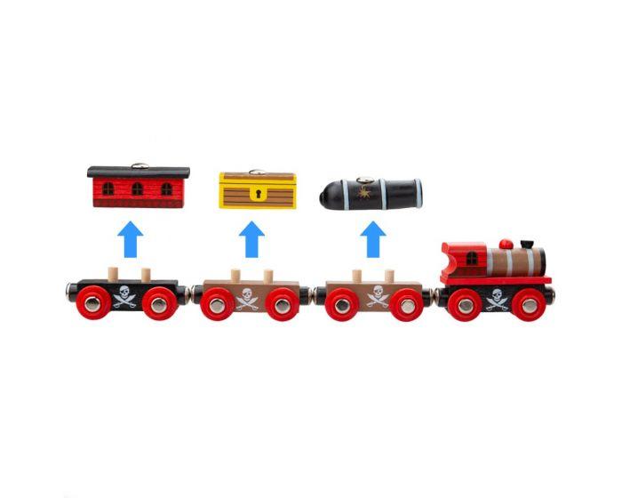 Section of wooden toy railway with a red car and a blue car alongside.