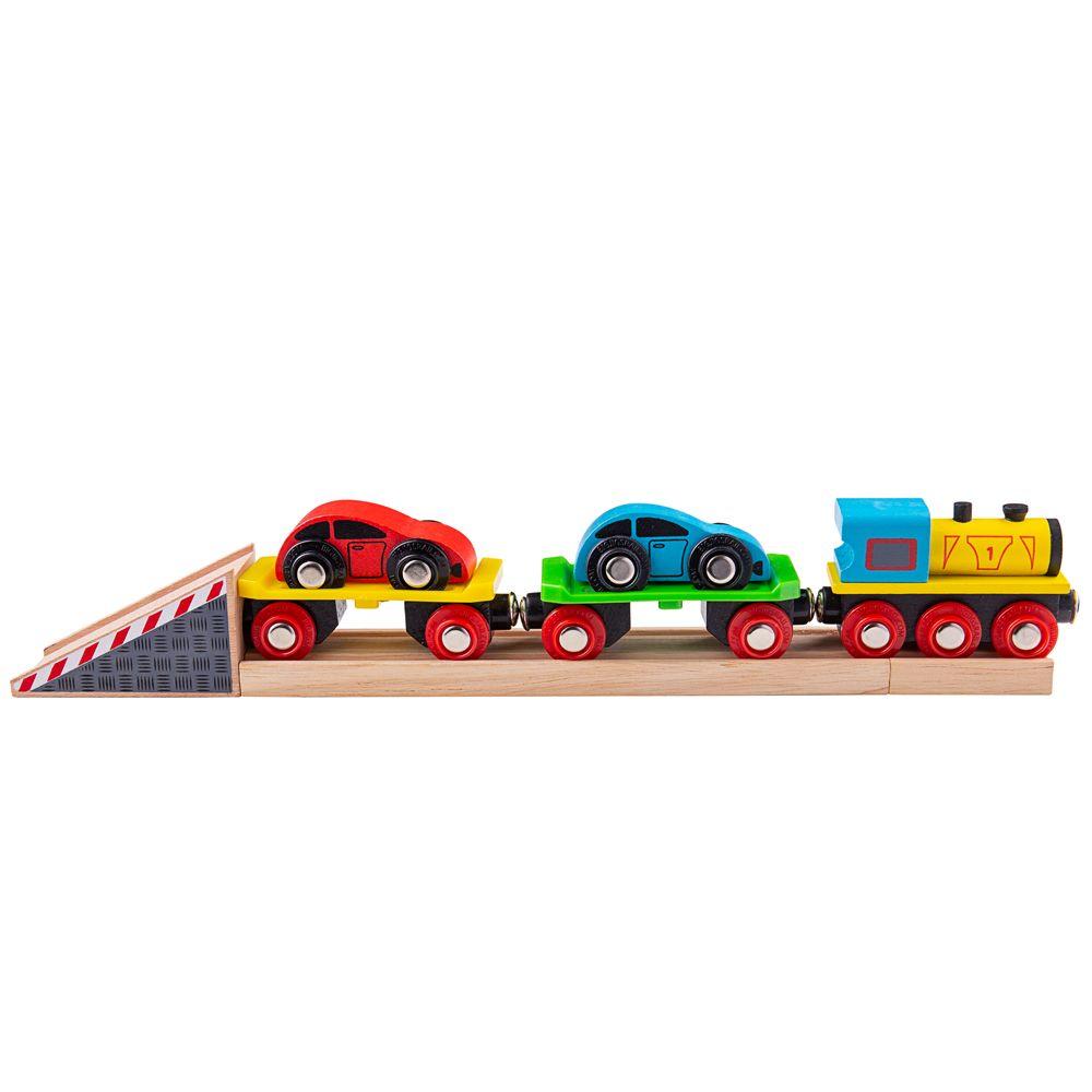 Side view of car loader train with 2 cars on board.