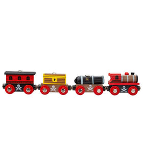 4 carriage pirate train with a canon and treasure chest.