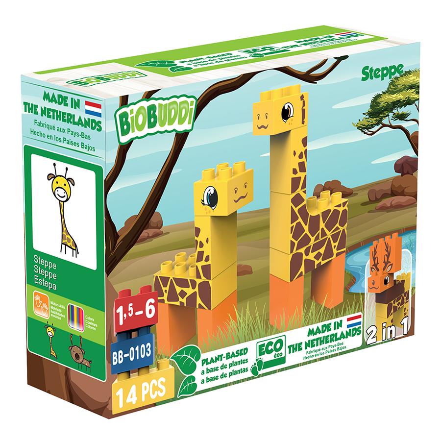 Box showing contents of giraffe and deer building blocks for young children.