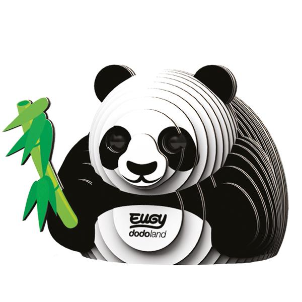 Black and white sitting panda model holding a green piece of bamboo.