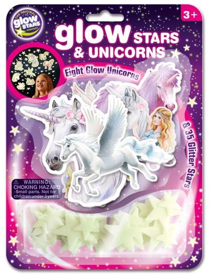 Package showing stick-on unicorns and stars that glow.