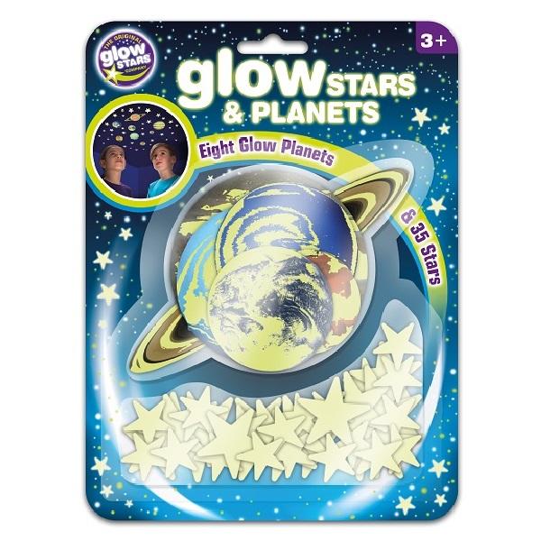Package with adhesive stars and planets stickers that glow in the dark.