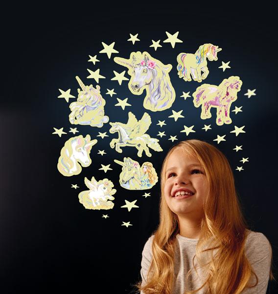Adhesive stars and unicorns stickers that glow in the dark. Decorate your room and watch them glow!