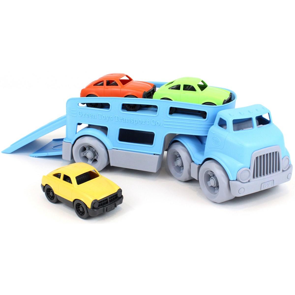 Blue car Transporter with 3 cars all made from recycled milk cartons