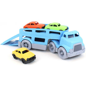 Blue car Transporter with 3 cars all made from recycled milk cartons