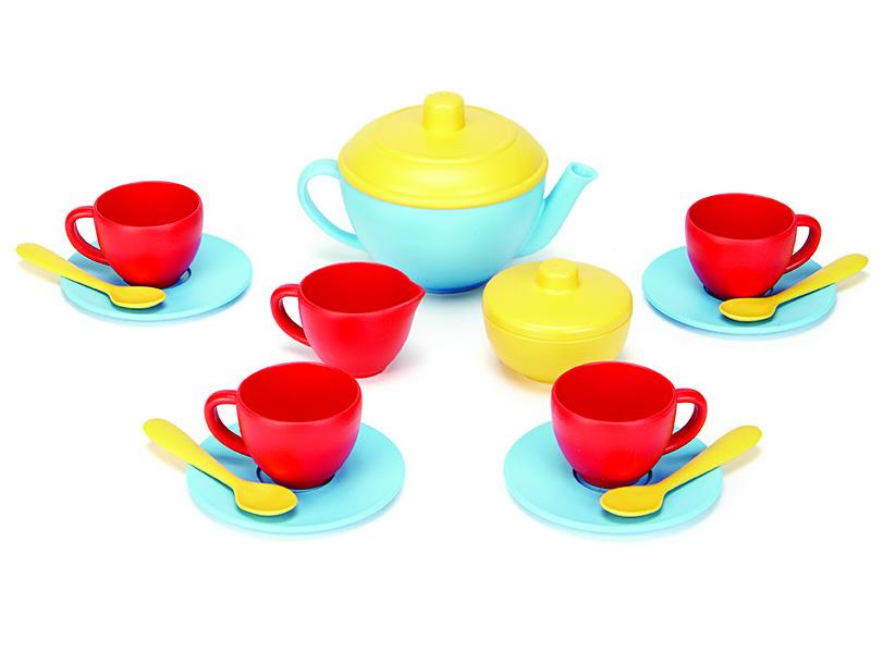 Children's tea-set in red blue and yellow with 4 each of cups, saucers and teaspoons plus a teapot, sugar bowl and milk jug.