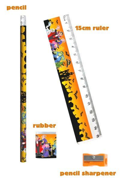 Ruler, pencil, rubber and pencil sharpener.