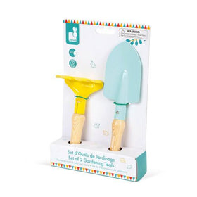 Pack containg the wood and metal children's garden tools.
