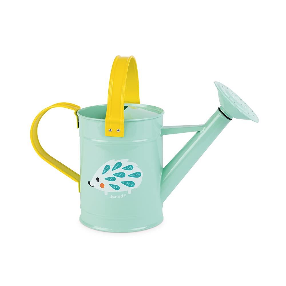 Pale green metal watering can with yellow handles and cute hedgehog illustration.