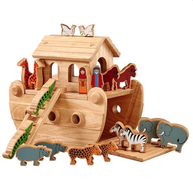 Wooden Noah's Ark with colourful wooden creatures.
