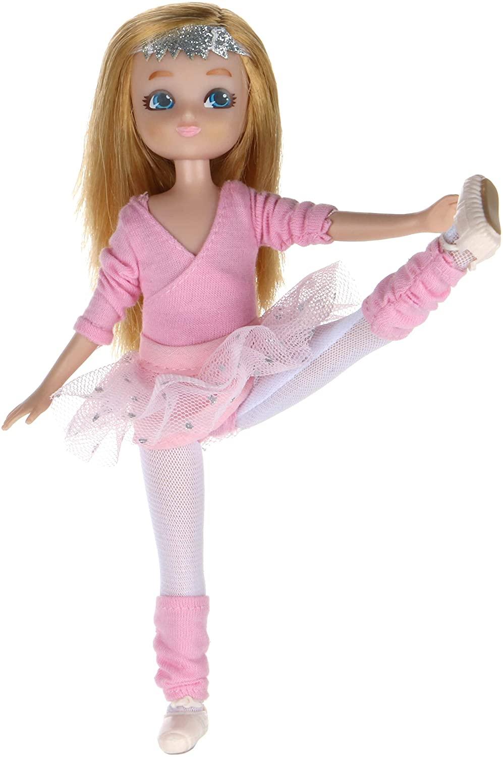 Lottie Doll Ballet Doll with pink ballet outfit including tutu, cardigan leg warners and ballet shoes.