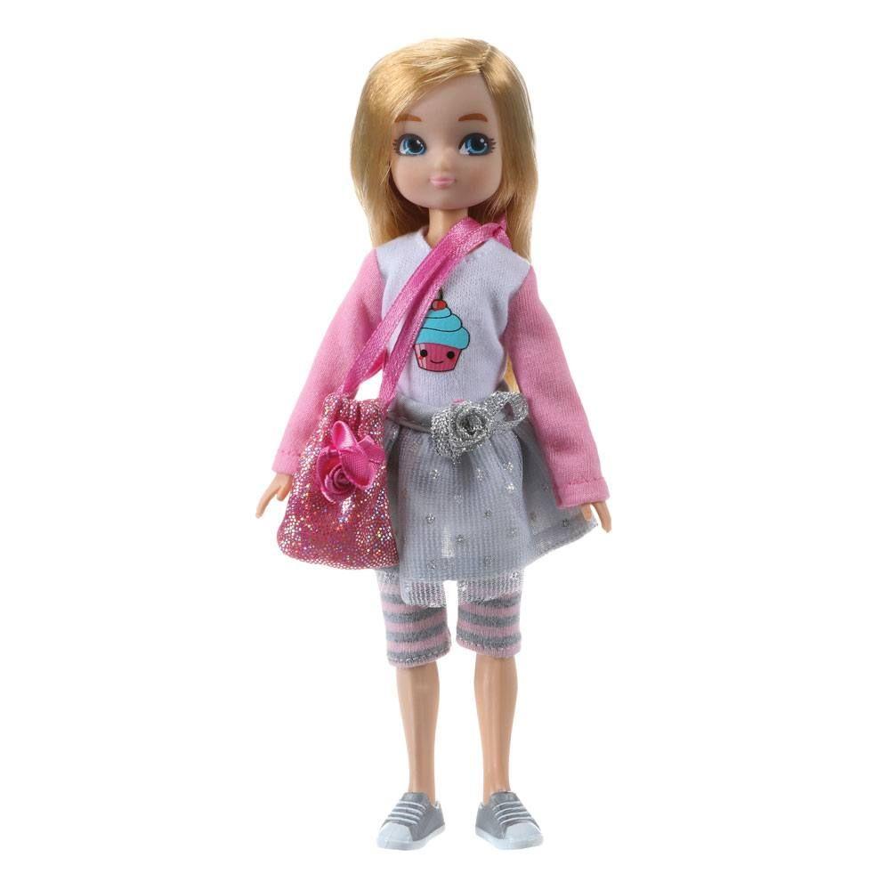 Doll with birthday themed outfit including a silver tutu and trainers.