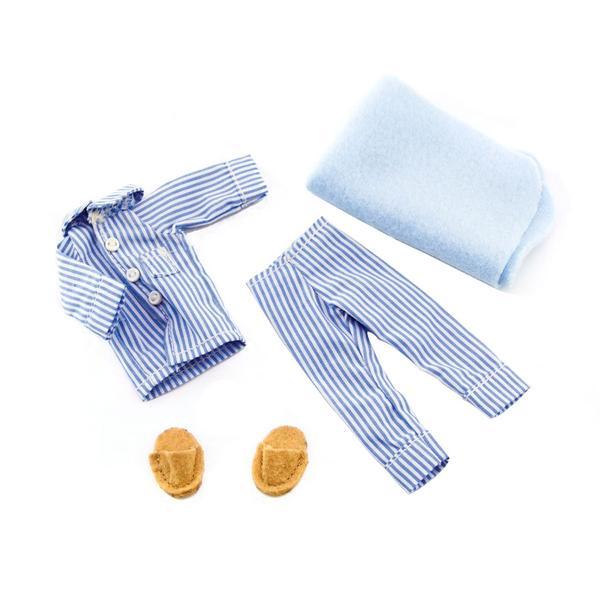 Lottie Doll striped Pyjama outfit with pale blue blanket and brown felt slippers.