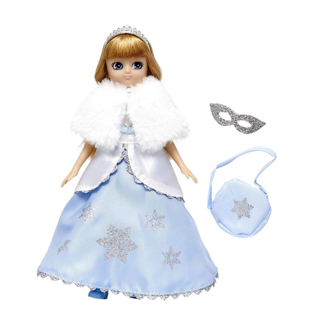 Lottie Snow Queen Doll wearing long satin dress, a white fur shrug and a silver tiara.