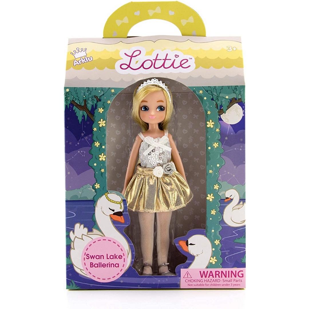 Box containing Swan Lake Lottie Doll. White background.