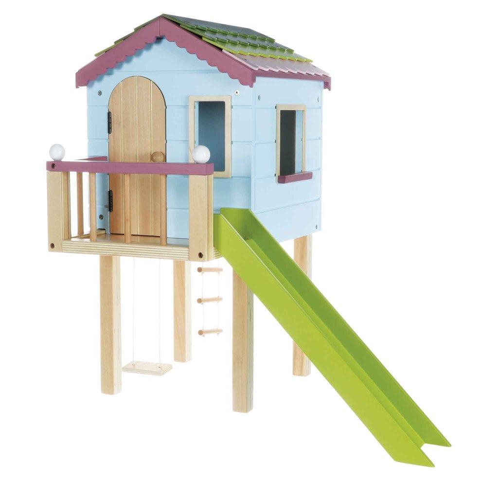 Play treehouse on stilts with swing and a sgreen slide for Lottie Dolls.