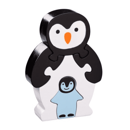 Black and white wooden penguin puzzle with small blue chick.