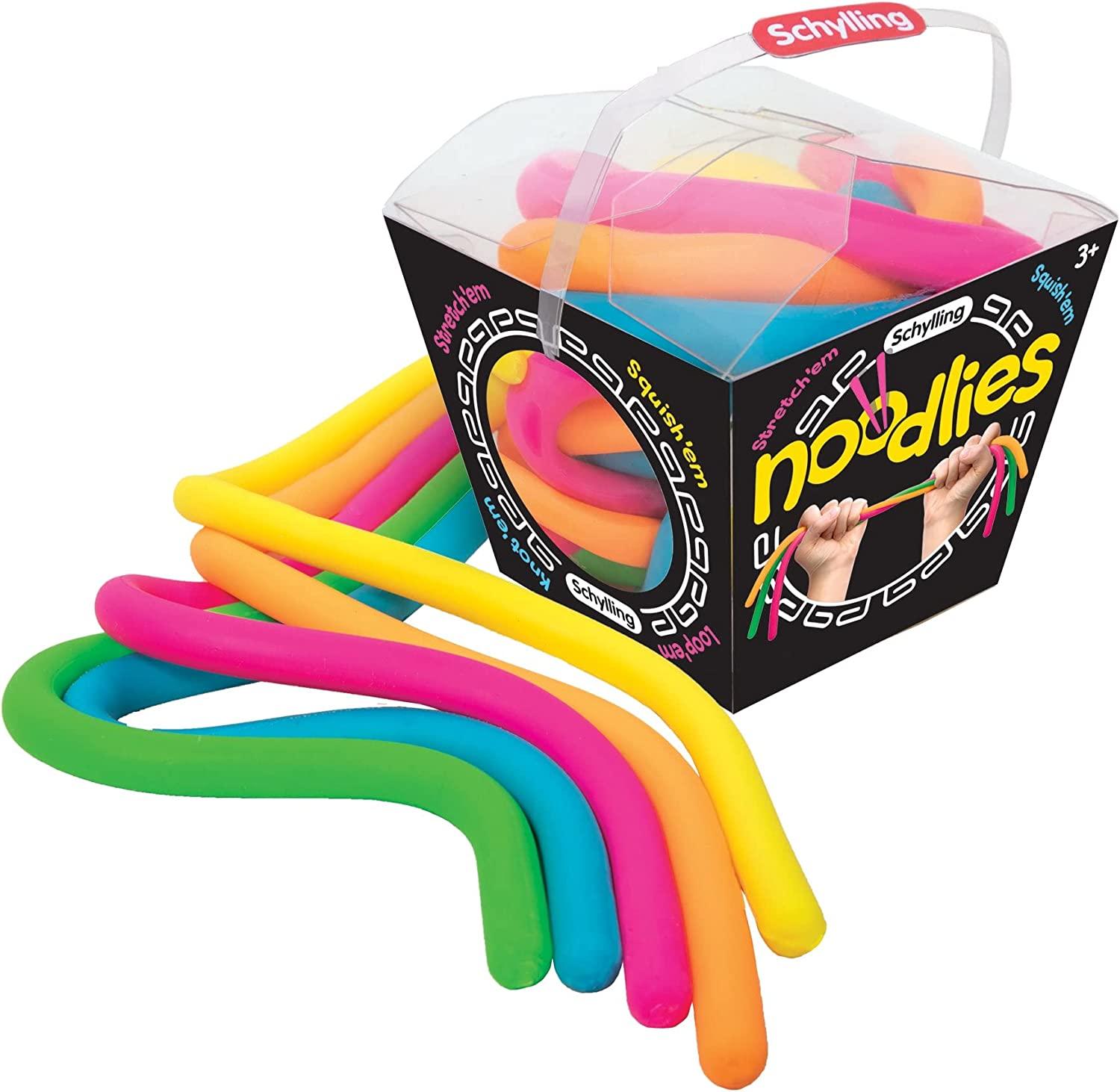 Brightly-coloured rubber noodles fidget toy.