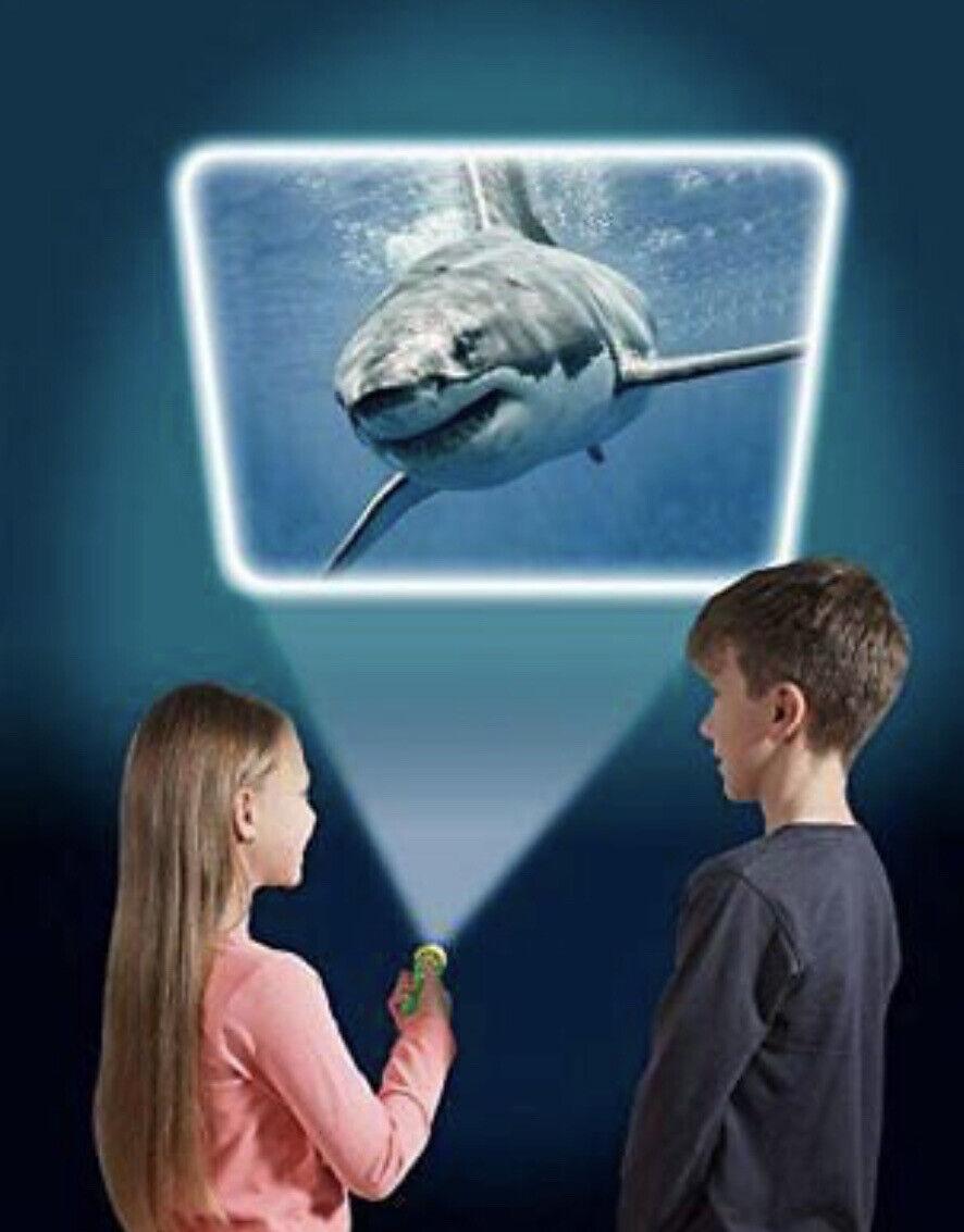 Two children projecting an image of a shark onto a wall.
