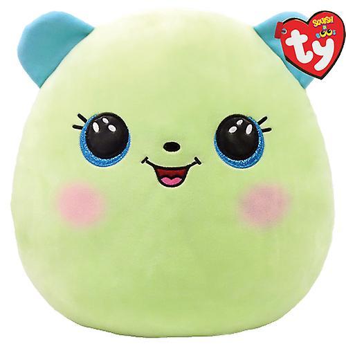 Oval-shaped, squishy green bear-like toy without arms or legs.