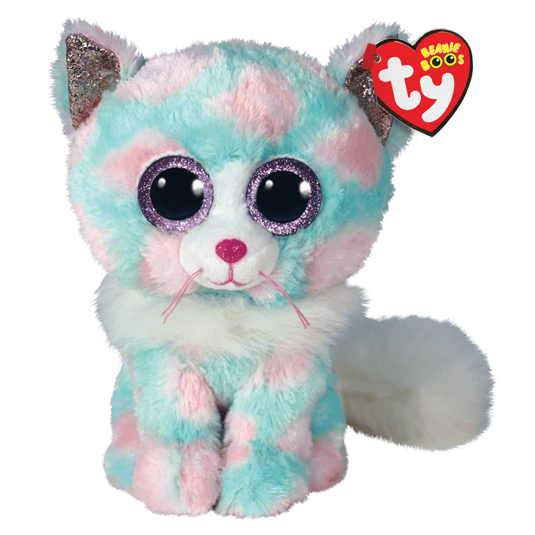 Pastel coloured sitting cuccly cat toy with large sparkly eyes.