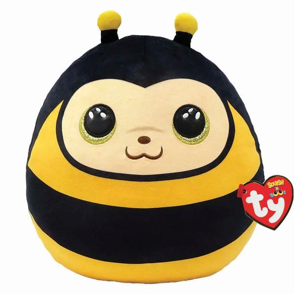 Bright yellow and black bee toy in an oval shape.