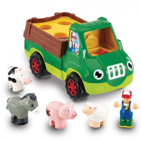 Toy farmer with truck and animals that go in the back.