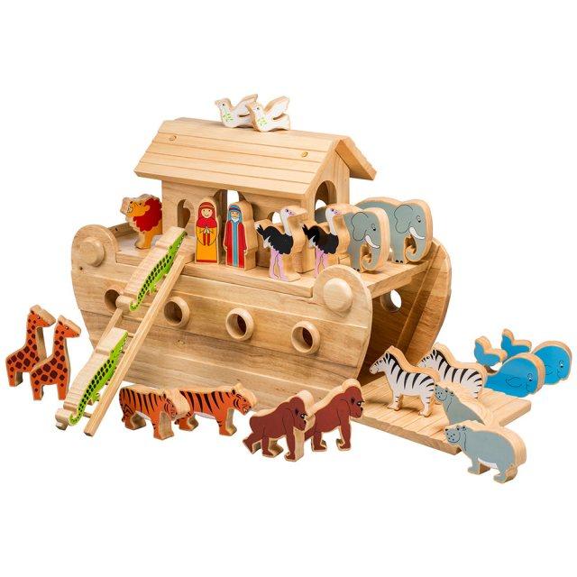 Large wooden Noah's Ark with colourful animal pieces.