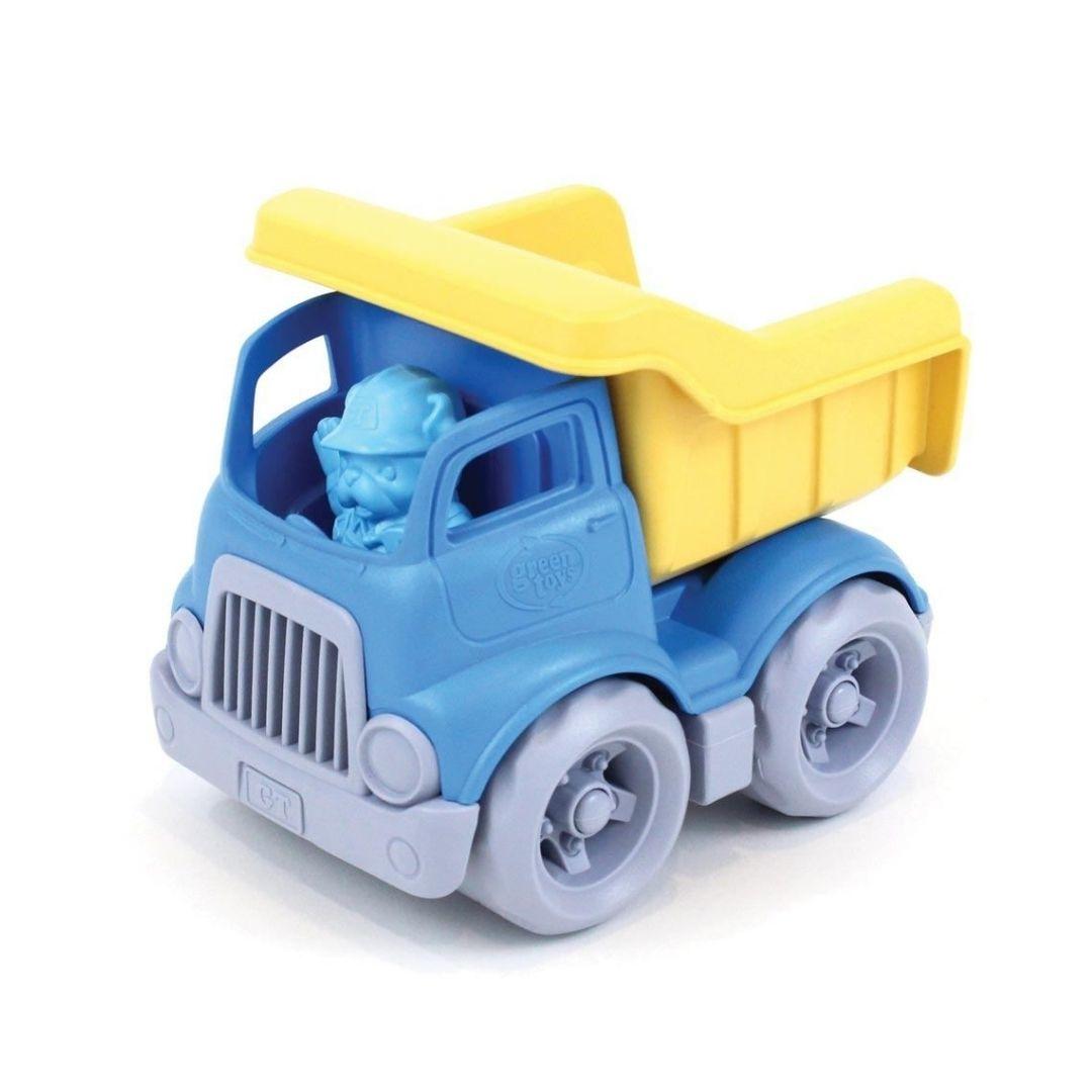 Blue and yellow plastic dumper truck. White background.