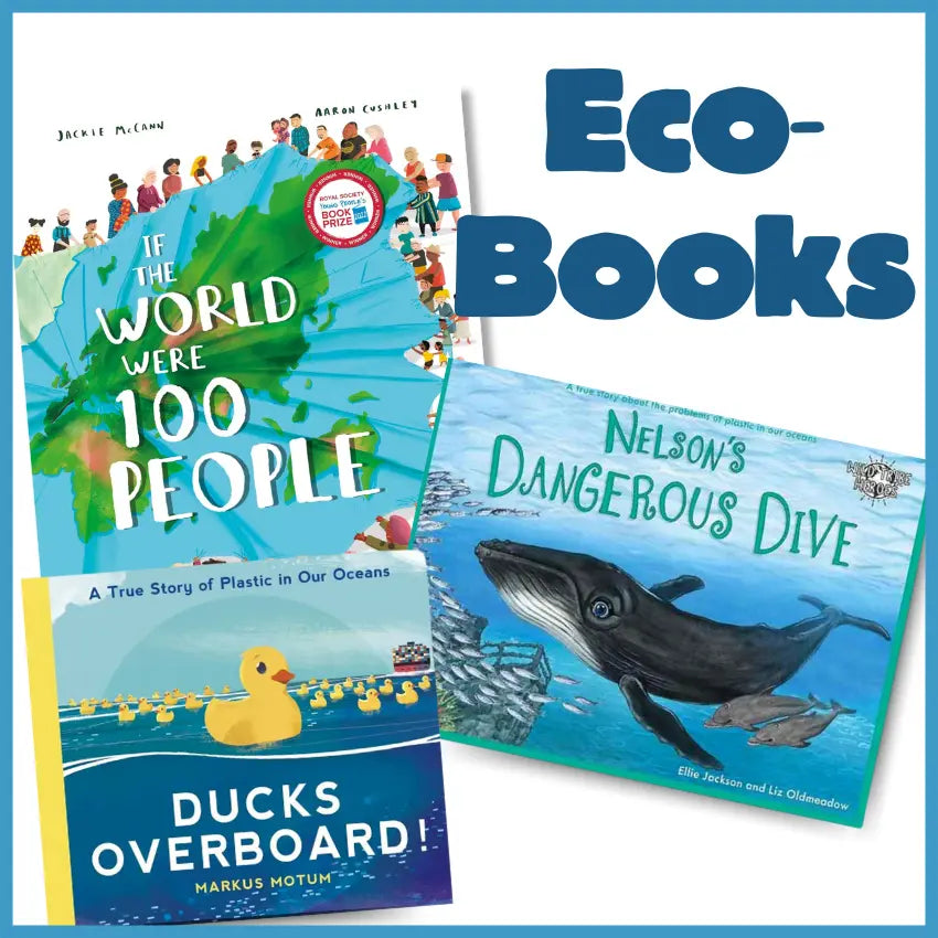 Three children's eco-themed books: "If the World Were 100 People," "Ducks Overboard!" about ocean plastic, and "Nelson's Dangerous Dive," featuring a whale on the cover. Text reads "Eco-Books.